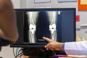 Orthopedic specialist pointing to X-ray image of arthritic knee