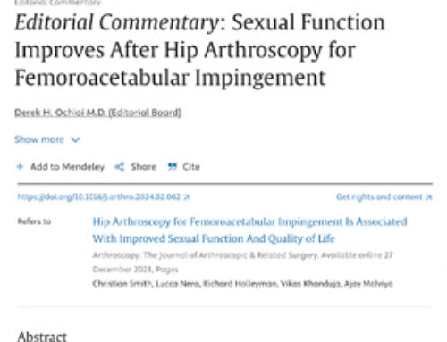 Dr Ochiai was published in Arthroscopy: The Journal of Arthroscopic & Related Surgery in an article called “Sexual Function Improves After Hip Arthroscopy for Femoroacetabular Impingement”.